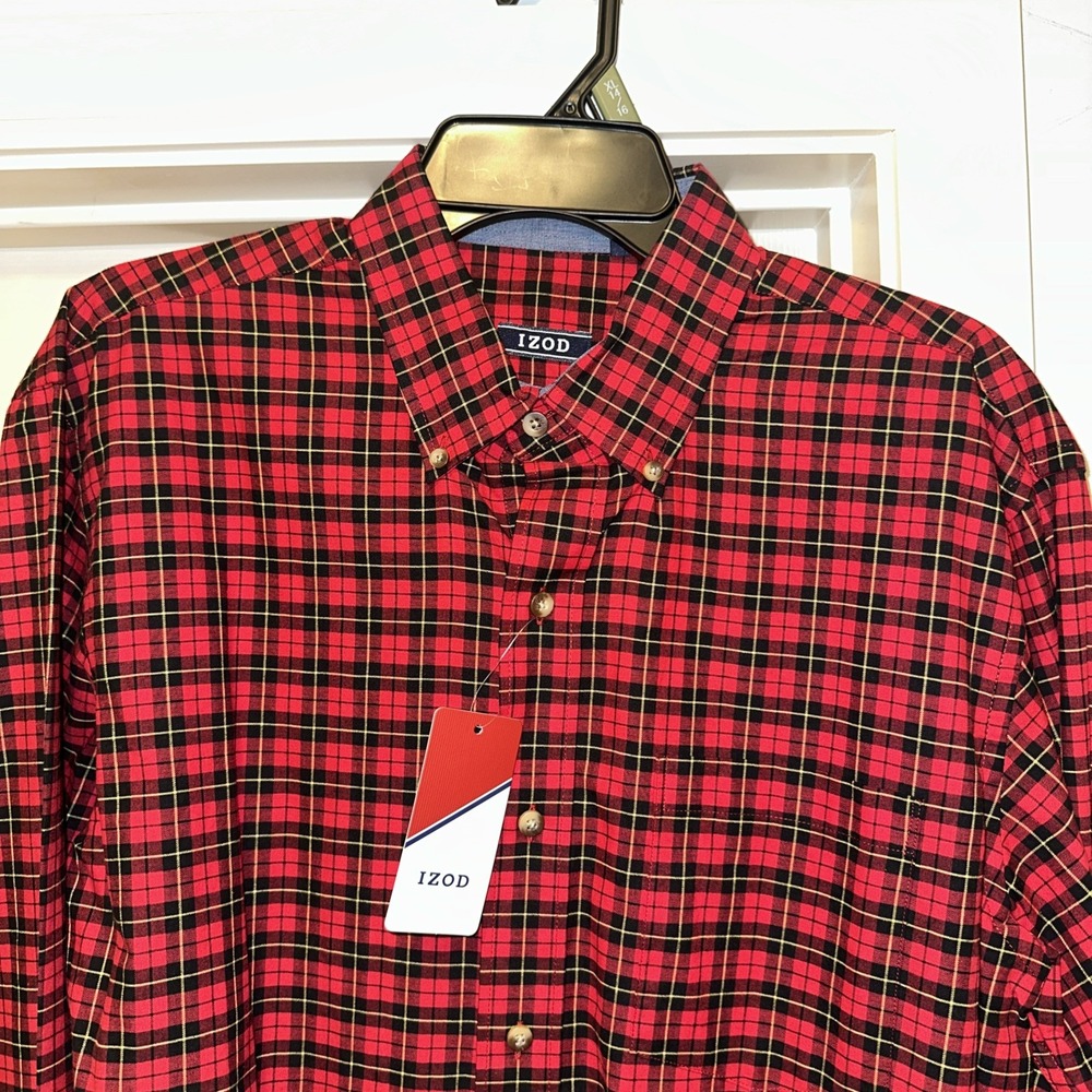 IZOD Mens Heritage Tartan Button Down‎ Collar Dress Shirt Red Plaid Medium